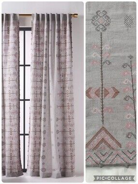Anthropologie Cotton Linen Embroidered Natani Curtain Single Panel Grey Pink